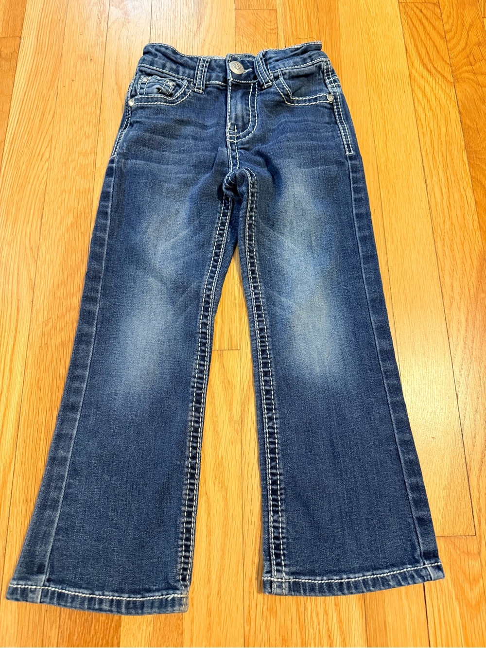 WIRED HEART Girls Dark Blue Straight-Leg Jeans with pink embroidered pockets 5T
